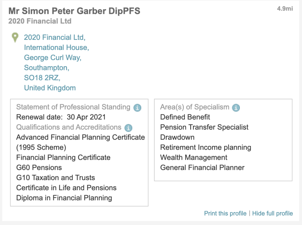 Simon Garber Listed on PFS website for authorised Financial advisors